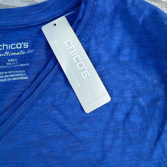 Chicos Cotton Slub Easy V Neck Tee Size 2 (Large)  Corsican Blue 3/4 Sleeve NWT - Picture 3 of 6